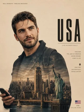 Cinematic Double Exposure Travel Poster — Nano Banana 2 AI Prompt: Ultra realistic cinematic travel poster featuring an (man) standing confidently...