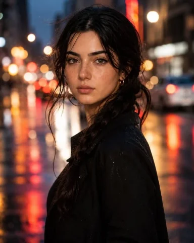 Hyperrealistic Rainy City Portrait — Nano Banana 2 AI Prompt: A hyperrealistic close-up portrait of a beautiful young woman standing in the mi...