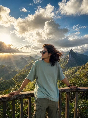 Golden Hour Mountain Viewpoint Portrait — Nano Banana 2 AI Prompt: A cinematic travel photography portrait of a young woman standing at a wooden mo...