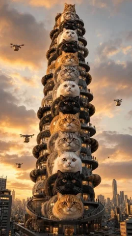 Surreal Tokyo Cat Skyscraper — Nano Banana 2 AI Prompt: Ultra-cinematic surreal architectural photography of a 60-story skyscraper in a...