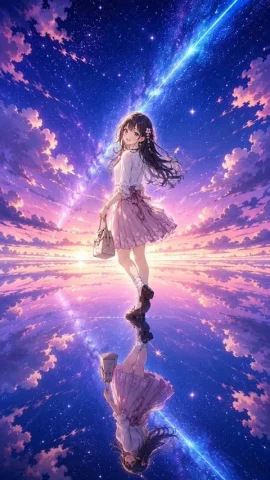 Fantasy Sky Mirror Illustration — Nano Banana 2 AI Prompt: The reference image is a character design. Draw a Japanese beautiful fantasy sty...