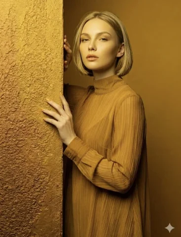 Monochrome Ochre Fashion Portrait — Nano Banana 2 AI Prompt: A professional fashion editorial portrait of a blonde woman with a sleek, chin-l...