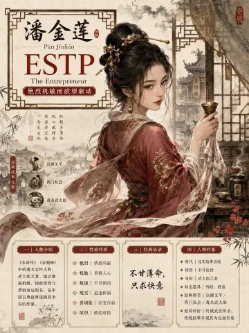 Classical MBTI Infographic Poster — Nano Banana 2 AI Prompt: 请生成一张【中国古典人物 MBTI 高端国风信息海报】。 【人物】 人物名称：潘金莲 【...