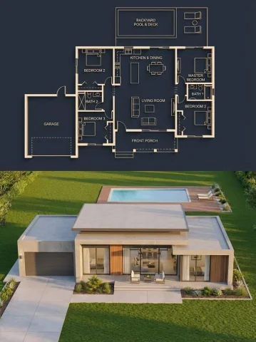 Blueprint to Render House Split — Nano Banana 2 AI Prompt: Split architectural visualization, vertical 3:4 composition, perfect structural...