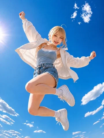 Summer Jump Blue Sky Portrait — Nano Banana 2 AI Prompt: 主題：青空を跳ねる金髪女性のサマーポートレート / summer jump portrait 人物・表...