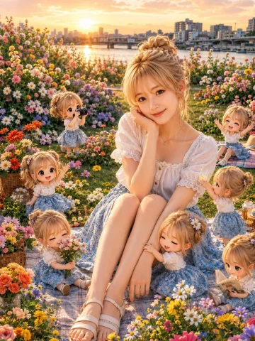 Golden-Hour Flower Picnic Clones — Nano Banana 2 AI Prompt: 主題：夕暮れの花畑ピクニックと小さな分身たち / golden hour flower picnic 人物・...