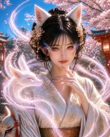 Mystical Kitsune Shrine Portrait — Nano Banana 2 AI Prompt: 主題：春の神社で白狐をまとう日系狐仙ポートレート / kitsune portrait 人物・表情...