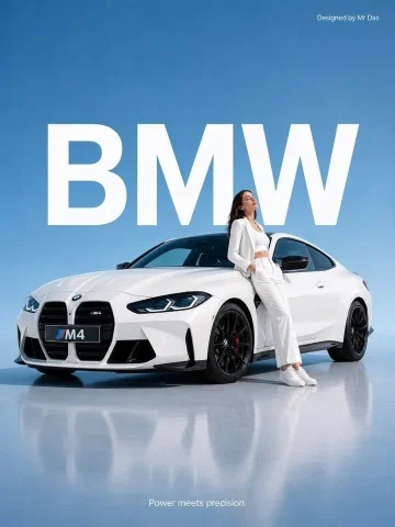 Minimalist Automotive Ad — Nano Banana 2 AI Prompt: Minimalist commercial ad featuring oversized white BMW M4 sports car, ultra-clea...