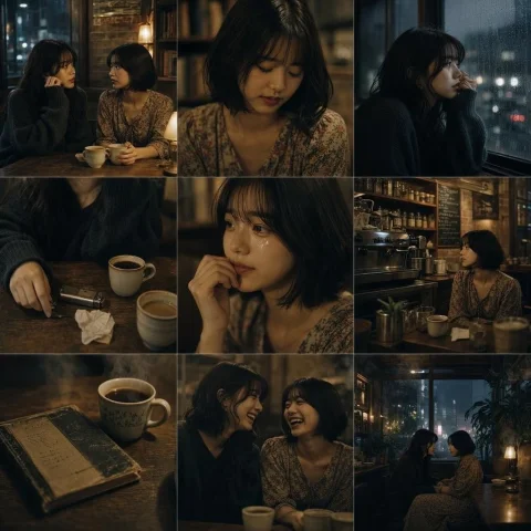 Rainy Cafe Photo Grid — Nano Banana 2 AI Prompt: Goal: Create a moody cinematic 3x3 photo grid showing an intimate late-night caf...
