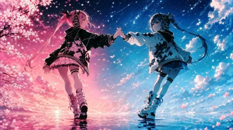Sakura Twin Idols — Nano Banana 2 AI Prompt: Create a cinematic wide anime illustration of two futuristic schoolgirl idols se...