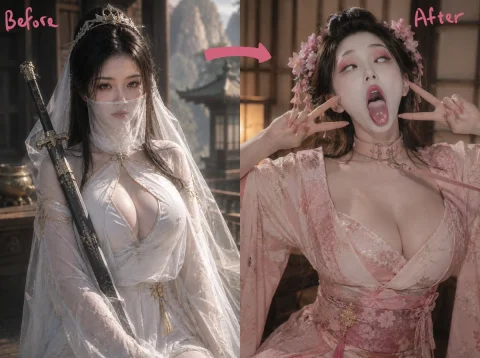 Wuxia Transformation Diptych — Nano Banana 2 AI Prompt: Create a cinematic before-and-after transformation diptych featuring an adult wo...