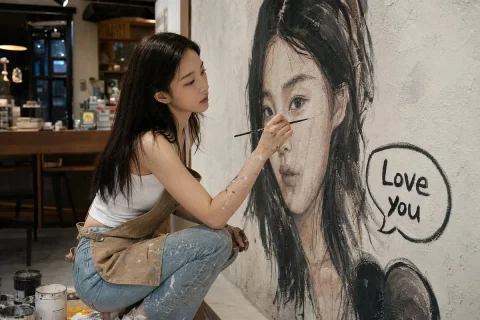 Cafe Mural Artist Portrait — Nano Banana 2 AI Prompt: 이미지 1~9까지를 참조합니다. 아늑하고 예술적인 카페를 배경으로 한 현실적이고 화...