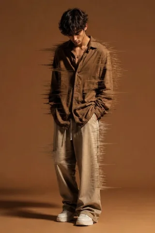 Glitch Fashion Portrait — Nano Banana 2 AI Prompt: A stylish young man standing in a dynamic pose, looking down, wearing oversized...