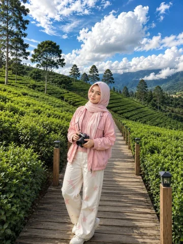 Korean Tea Garden Portrait — Nano Banana 2 AI Prompt: Bright outdoor portrait of a young Korean woman standing on a wooden pathway in...