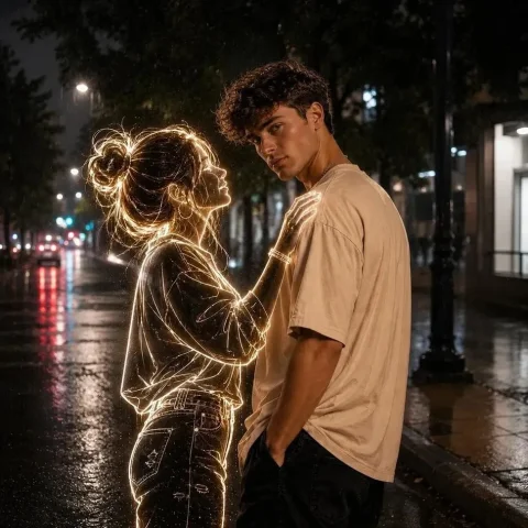 Neon Ghost Portrait — Nano Banana 2 AI Prompt: Ultra realistic cinematic night portrait of a young boy standing alone on a wet...