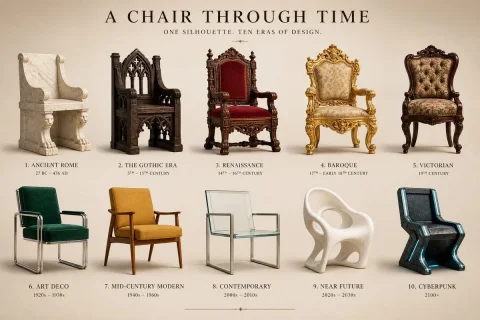 Historical Design Comparison — Nano Banana 2 AI Prompt: Show the same chair redesigned across 10 historical eras, from Ancient Rome to c...