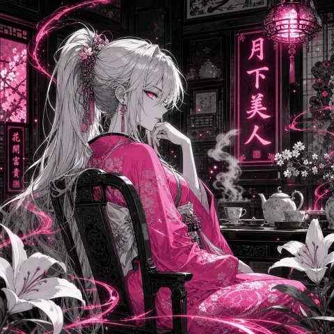 Moonlit Teahouse Beauty — Nano Banana 2 AI Prompt: Create a highly detailed square anime illustration of a moonlit beauty seated in...