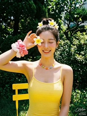 Summer Film Getaway — Nano Banana 2 AI Prompt: [인물] 이미지 1 참조\n\n[인물의 포즈 및 표정]\n야외 정원에서 환하게 웃으며 눈을...