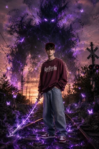 Shadow Demon Boy — Nano Banana 2 AI Prompt: Ultra-realistic dark fantasy cinematic portrait of a stylish young fair handsome...