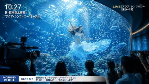 Futuristic Aquarium Mermaid — Nano Banana 2 AI Prompt: 新しくオープンした近未来的で美しい水族館を、テレビ番組の取材映像のように撮影して...