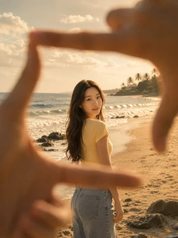 Beach Finger Frame — Nano Banana 2 AI Prompt: [인물의 포즈 및 표정] [이미지 1의 인물]이 해변가의 모래사장 위에서 몸을 돌려 서...