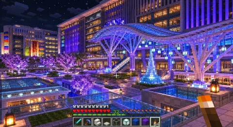 Blocky Night Plaza — Nano Banana 2 AI Prompt: Using the provided reference image, reconstruct the scene as a high-quality vani...