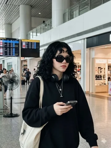 Candid Airport Street Style Portrait — Nano Banana 2 AI Prompt: Candid airport street-style portrait of a young woman with short curly black hai...