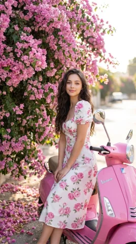 Vintage Vespa Summer Portrait — Nano Banana 2 AI Prompt: A photorealistic portrait of a beautiful, young woman with long, wavy dark hair,...