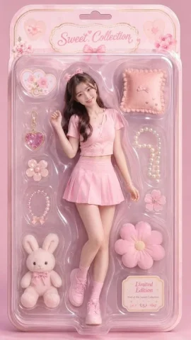 Surrealist Fashion Doll Box Portrait — Nano Banana 2 AI Prompt: Use only the uploaded portrait as a person reference. Create a surrealist studio...
