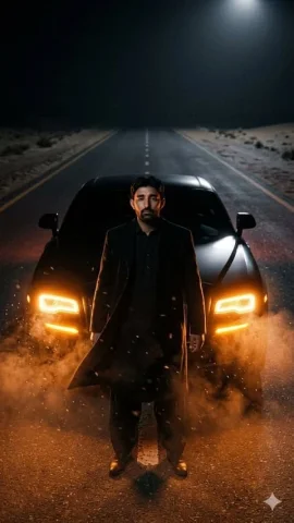 Cinematic Desert Highway Car Portrait — Nano Banana 2 AI Prompt: Create a hyper-cinematic vertical portrait of a mysterious man standing confiden...