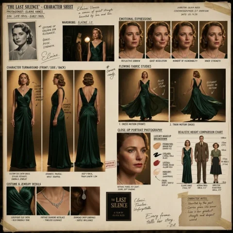 Hollywood Drama Character Sheet — Nano Banana 2 AI Prompt: Create an ultra-premium cinematic character sheet for an Oscar-worthy Hollywood...