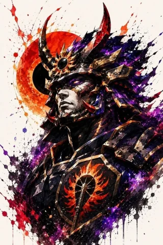 Samurai Warrior Watercolor Portrait — Nano Banana 2 AI Prompt: Epic samurai warrior portrait in watercolor and ink splatter style, close-up bus...