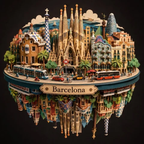 Barcelona Spherical Paper City Diorama — Nano Banana 2 AI Prompt: Create an ultra-detailed spherical paper-cut diorama model of Barcelona, like a...