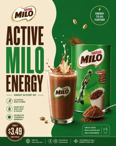 Milo Cocoa Energy Poster — Nano Banana 2 AI Prompt: Goal: Create a premium square advertising poster for a cocoa malt drink brand, s...