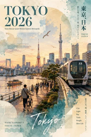 Tokyo Watercolor Travel Poster — Nano Banana 2 AI Prompt: A travel poster themed after Tokyo in a watercolor and collage style. Vertical c...