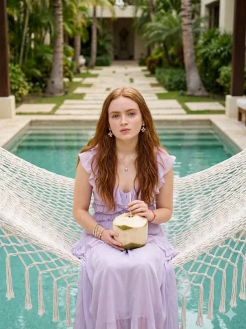 Woman in Hammock Luxury Resort Pool — Nano Banana 2 AI Prompt: {"prompt": "A photorealistic portrait of a young woman with long auburn hair sit...