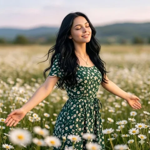 Cinematic Daisy Field Portrait — Nano Banana 2 AI Prompt: Ultra-realistic cinematic portrait of a beautiful young woman standing in a bloo...