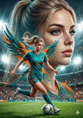 Double Exposure Football Poster — Nano Banana 2 AI Prompt: Ultra-realistic double exposure portrait of a clean fair beautiful young female...