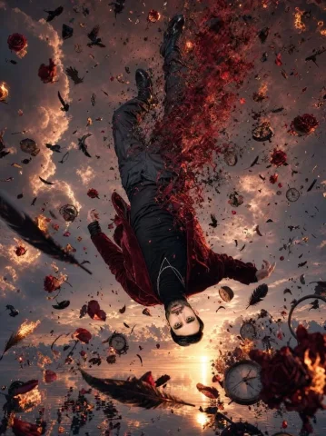 Upside-Down Surreal Falling Man — Nano Banana 2 AI Prompt: Create a vertical 3:4 surreal hyper-realistic cinematic scene at sunset: one adu...