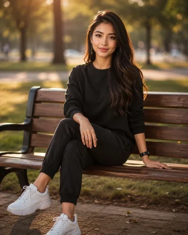 Golden Hour Park Portrait — Nano Banana 2 AI Prompt: Photorealistic full-body portrait of a young woman sitting on a wooden park benc...