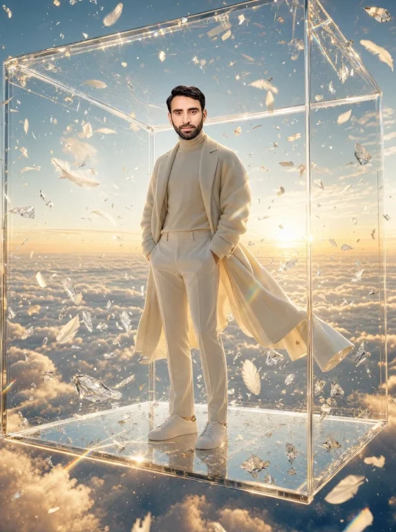 Man in Glass Cube Above Clouds