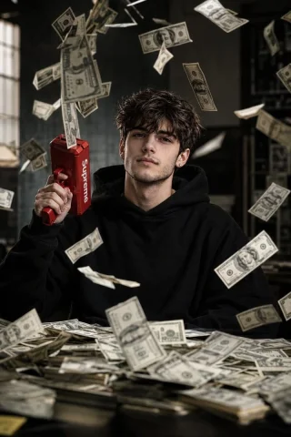Cinematic Raining Money Portrait — Nano Banana 2 AI Prompt: Ultra-realistic cinematic lifestyle portrait of a stylish young man sitting behi...
