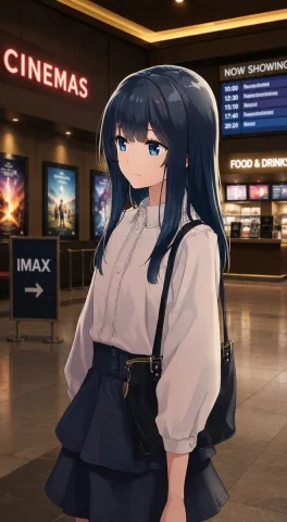 Anime Girl in Cinema Lobby — Nano Banana 2 AI Prompt: Using REFERENCE_0 as the character base, keep the anime girl, pose, outfit, hair...
