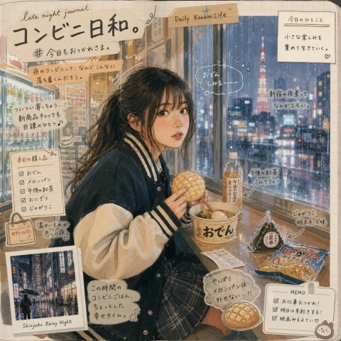 Japanese Konbini Journal Illustration — Nano Banana 2 AI Prompt: Goal: Using REFERENCE_0 as the base photo, transform it into a warm Japanese han...