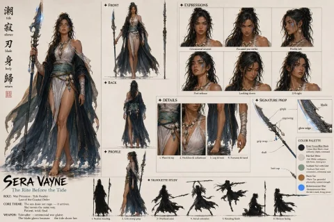 Fantasy Tide Priestess Character Sheet — Nano Banana 2 AI Prompt: Goal: Create a single-page fantasy character sheet for Sera Vayne, a tide-priest...