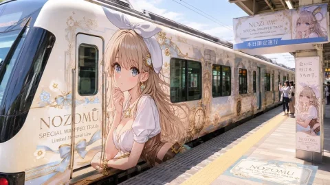 Anime Wrapped Train at Japanese Station — Nano Banana 2 AI Prompt: Create a photorealistic wide-angle scene of a modern Japanese station platform i...