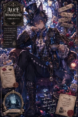 Gothic Alice Tea Party Poster — Nano Banana 2 AI Prompt: Goal: Create a richly detailed vertical dark-fantasy anime poster for Alice in W...