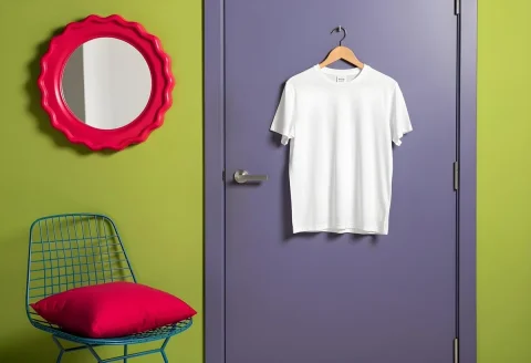 Minimalist T-Shirt Mockup — Nano Banana 2 AI Prompt: A white t-shirt mockup is displayed on a hanger against a purple door. To the le...