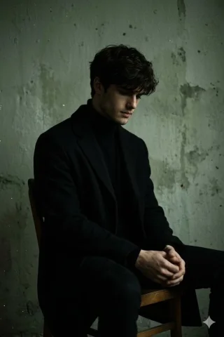 Moody Low-Key Male Portrait — Nano Banana 2 AI Prompt: Create a dark, moody, photorealistic portrait of a young man. He is seated on a...