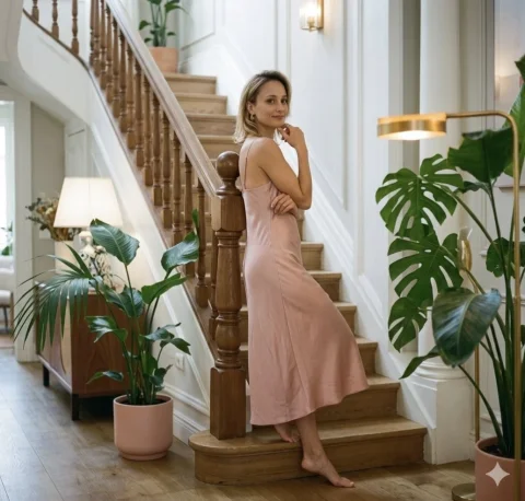 Elegant Interior Staircase Portrait — Nano Banana 2 AI Prompt: The scene features a woman with short blonde hair wearing a simple, light pink s...